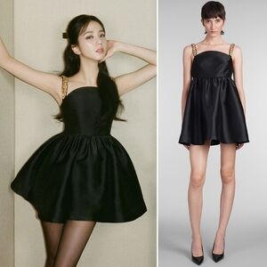 NWT Self-Portrait Black Taffeta Embellished Babydoll Mini Dress Size 10 in Black